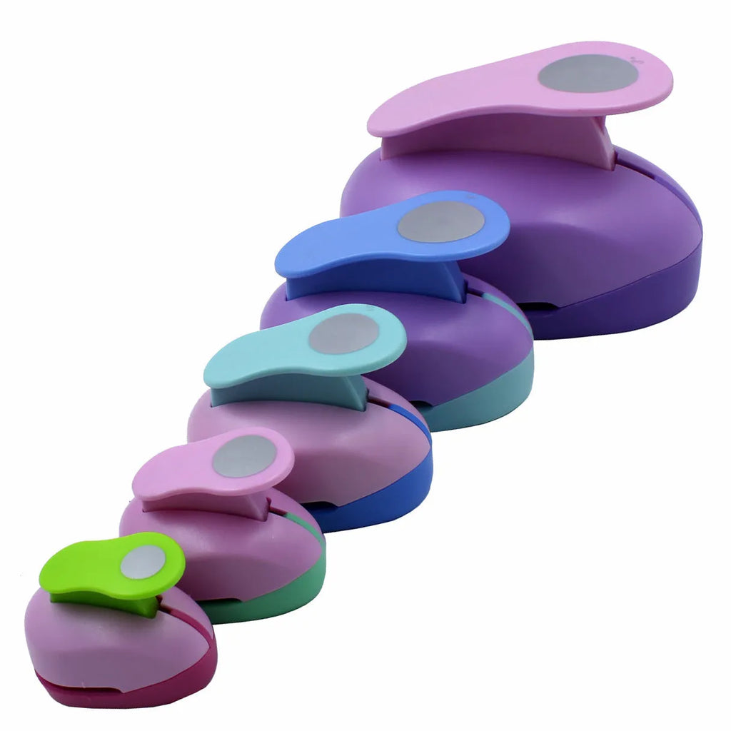 Round children's puzzle embossing machine with colourful finish and six round dies from 9mm to 75mm