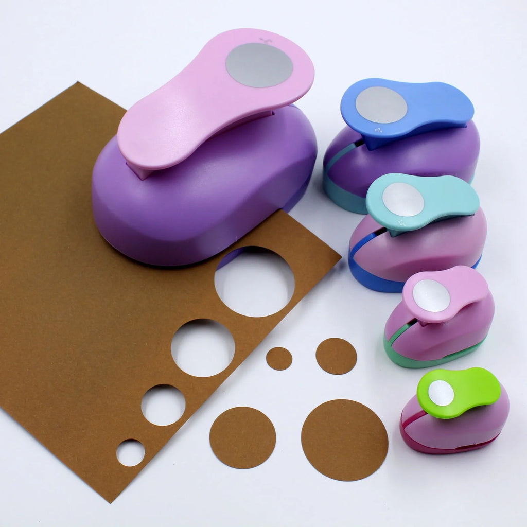 Round children's puzzle embossing machine with colourful finish and six round dies from 9mm to 75mm