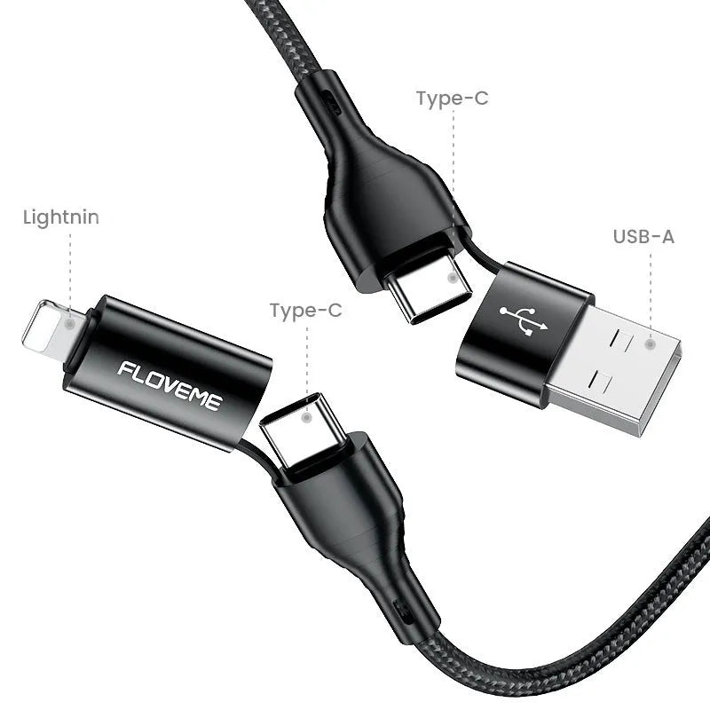 Wish3A 4-in-1 braided data cable 1 metre black with USB A to C, A to L, C to C, and C to L connectors