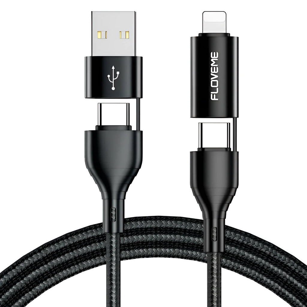 Wish3A 4-in-1 braided data cable 1 metre black with USB A to C, A to L, C to C, and C to L connectors