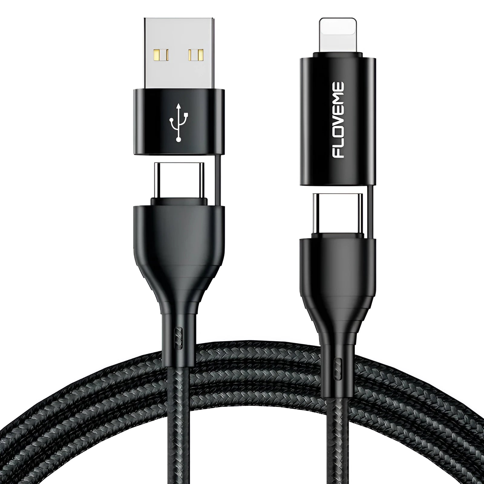 Wish3A 4-in-1 braided data cable 1 metre black with USB A to C, A to L, C to C, and C to L connectors