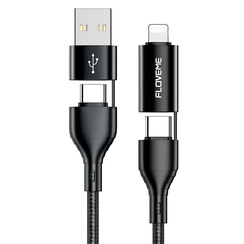 Wish3A 4-in-1 braided data cable 1 metre black with USB A to C, A to L, C to C, and C to L connectors
