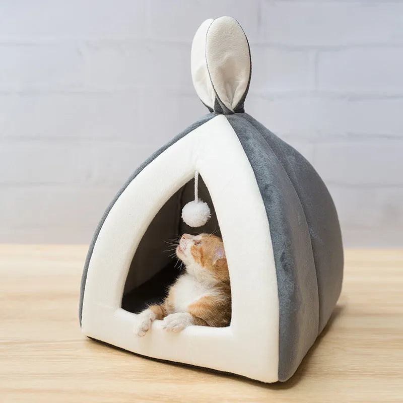 Soft grey cloth pet bed house for a cat, showing enclosed villa design.