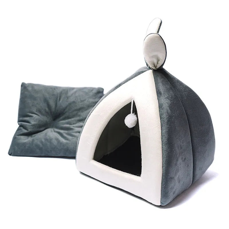Soft grey cloth pet bed house for a cat, showing enclosed villa design.