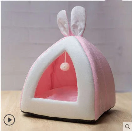 Soft grey cloth pet bed house for a cat, showing enclosed villa design.