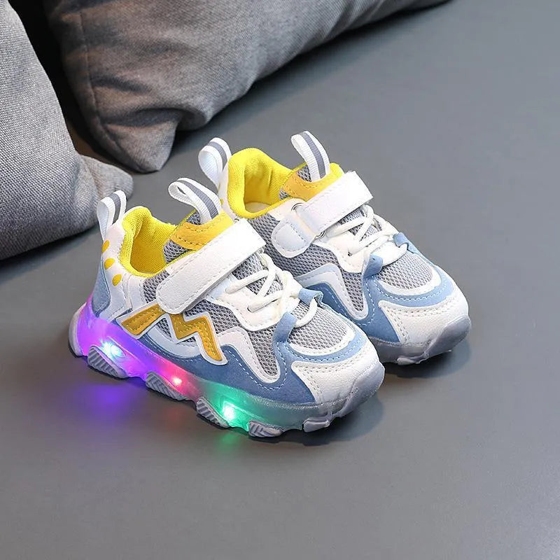 Children's bright light mesh Velcro sneakers in black, grey, or pink with a rubber sole.