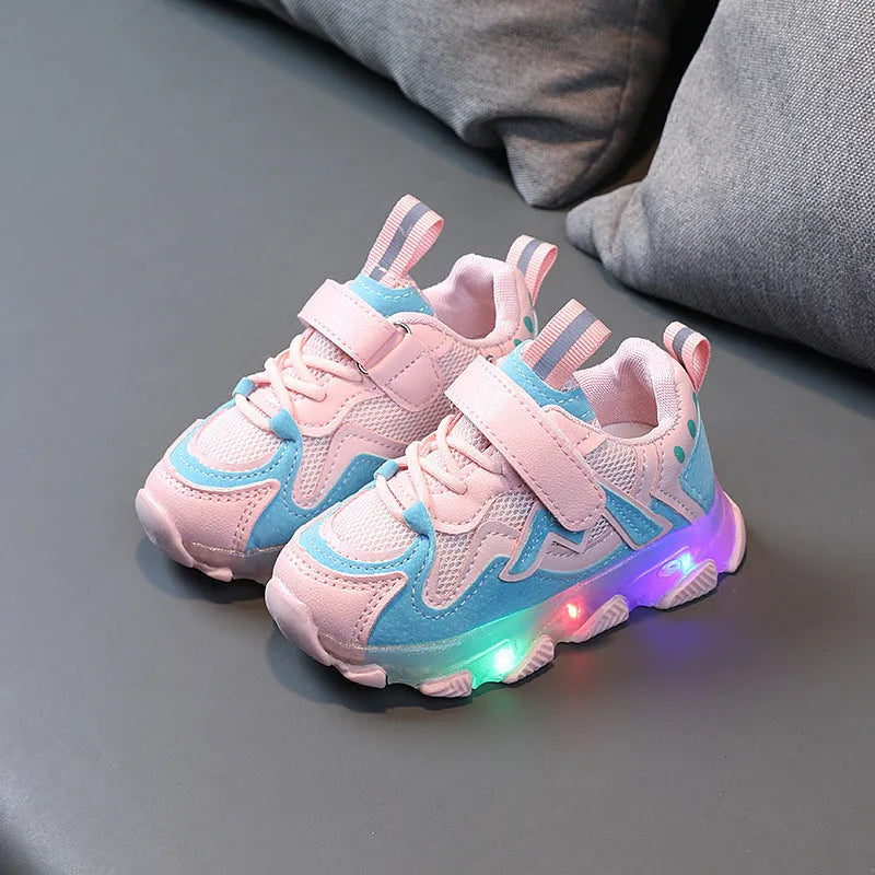 Children's bright light mesh Velcro sneakers in black, grey, or pink with a rubber sole.