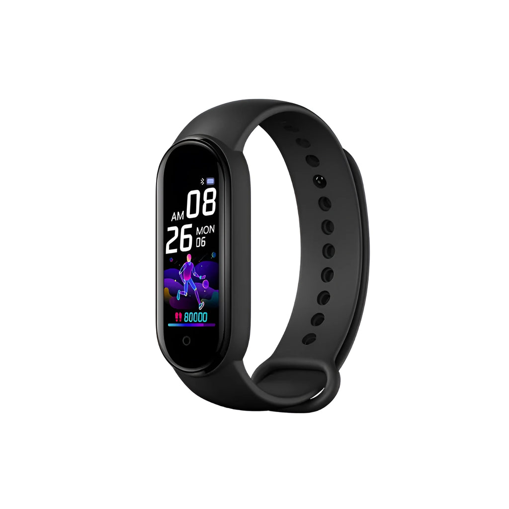 M5 Smart Bracelet in black showing 0.96 inch screen with heart rate display on wrist