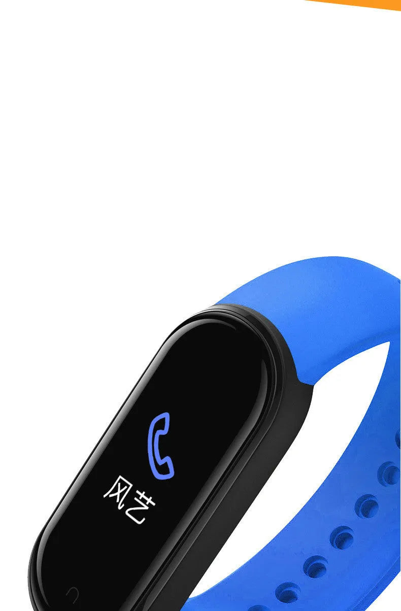 M5 Smart Bracelet in black showing 0.96 inch screen with heart rate display on wrist