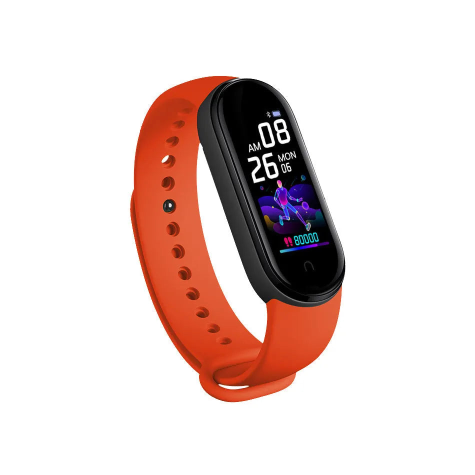 M5 Smart Bracelet in black showing 0.96 inch screen with heart rate display on wrist