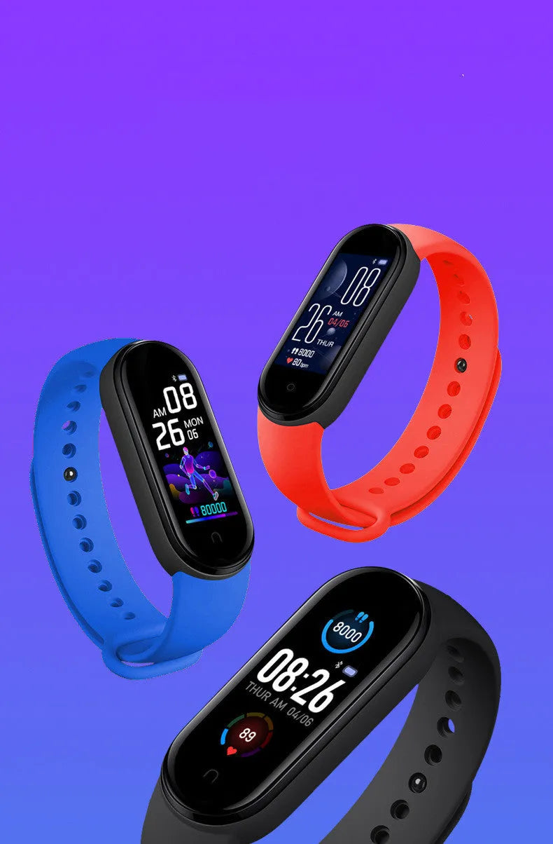 M5 Smart Bracelet in black showing 0.96 inch screen with heart rate display on wrist