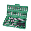 Green plastic case open to show a 46-piece alloy steel metric socket wrench set with ratchet and L-shaped wrenches.