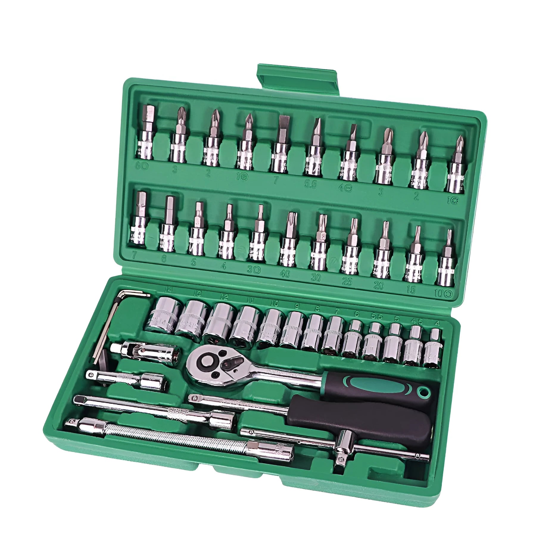 Green plastic case open to show a 46-piece alloy steel metric socket wrench set with ratchet and L-shaped wrenches.