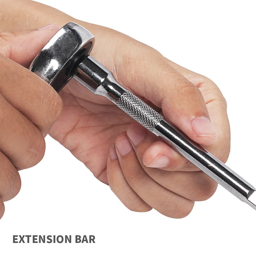 Green plastic case open to show a 46-piece alloy steel metric socket wrench set with ratchet and L-shaped wrenches.