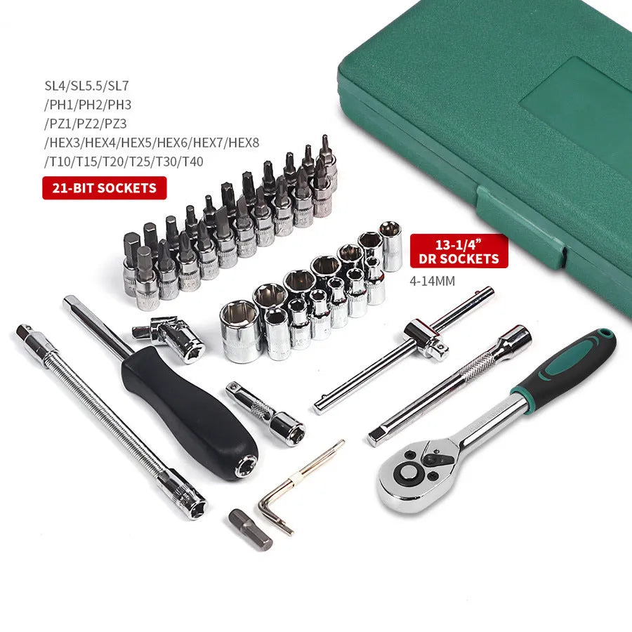 Green plastic case open to show a 46-piece alloy steel metric socket wrench set with ratchet and L-shaped wrenches.