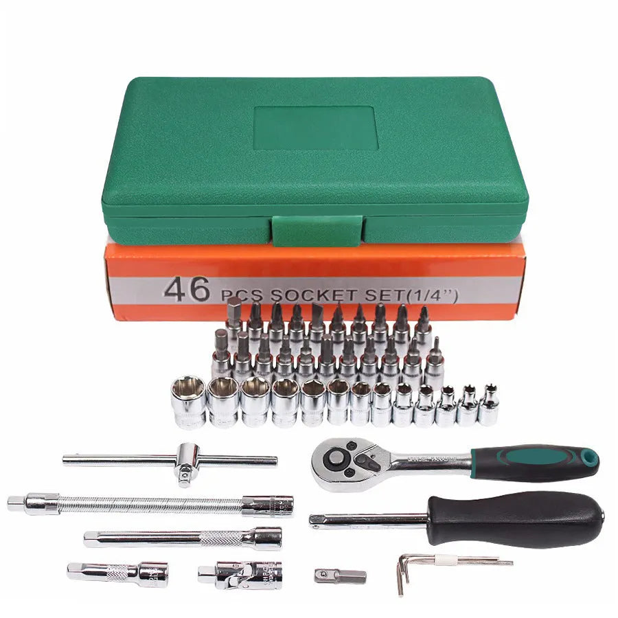 Green plastic case open to show a 46-piece alloy steel metric socket wrench set with ratchet and L-shaped wrenches.