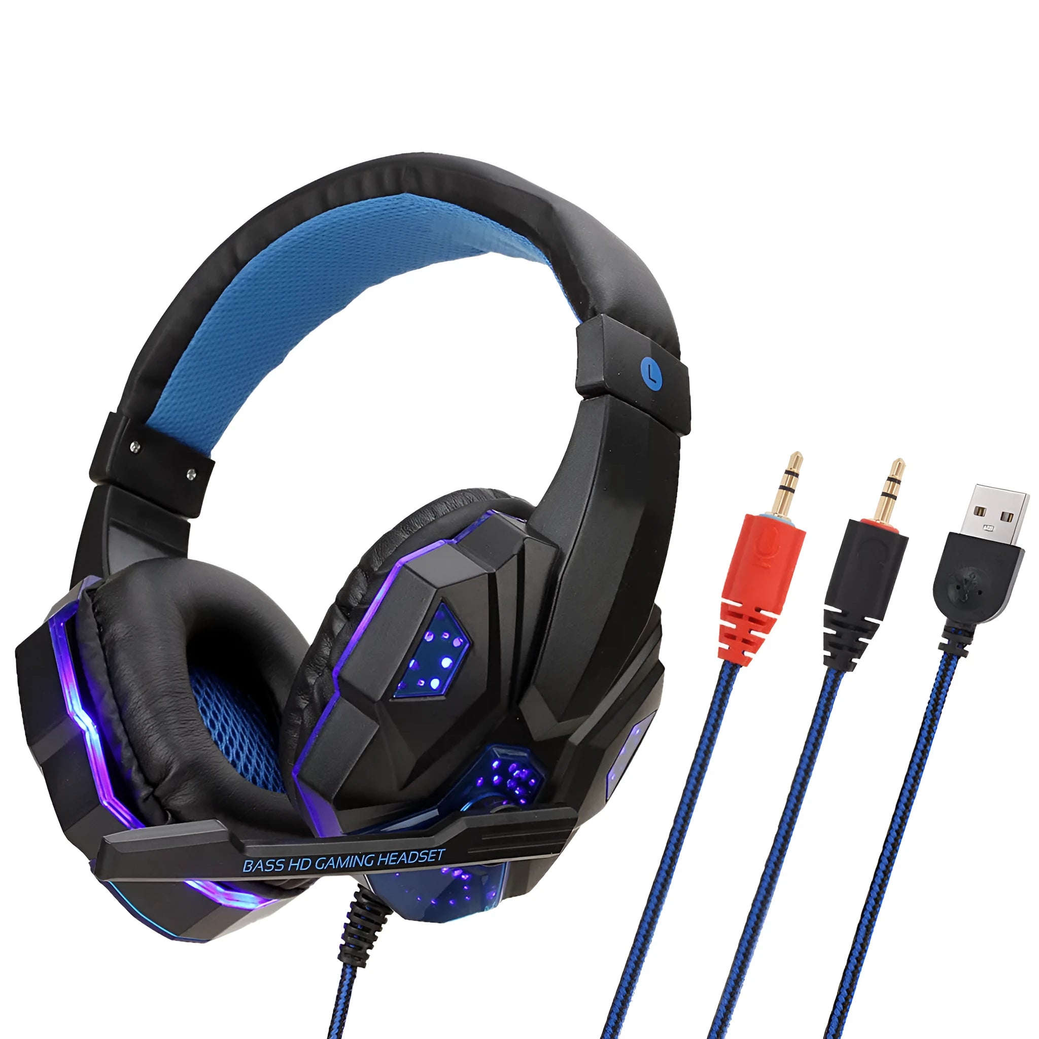 Wired PC gaming headset with light-up effects on tanned leather earmuffs and braided cable