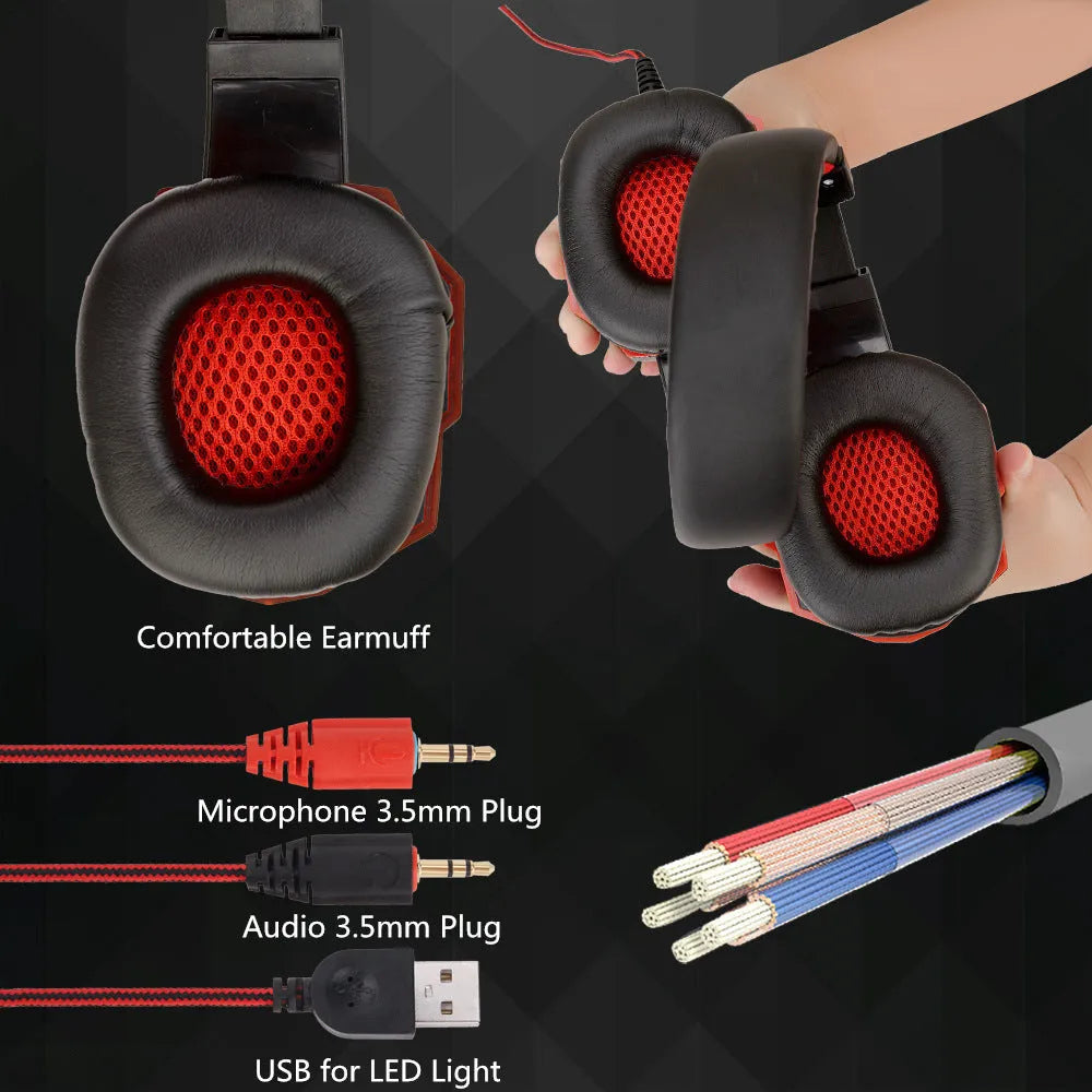 Wired PC gaming headset with light-up effects on tanned leather earmuffs and braided cable