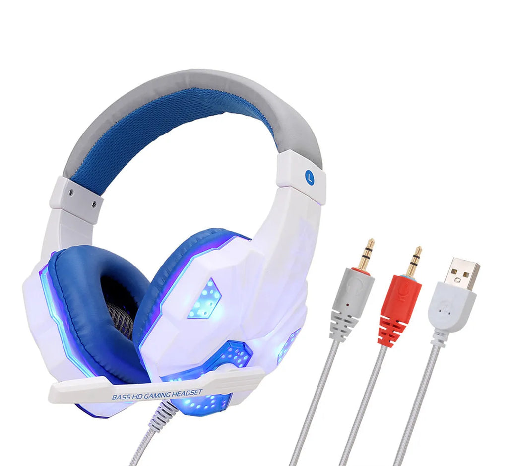 Wired PC gaming headset with light-up effects on tanned leather earmuffs and braided cable