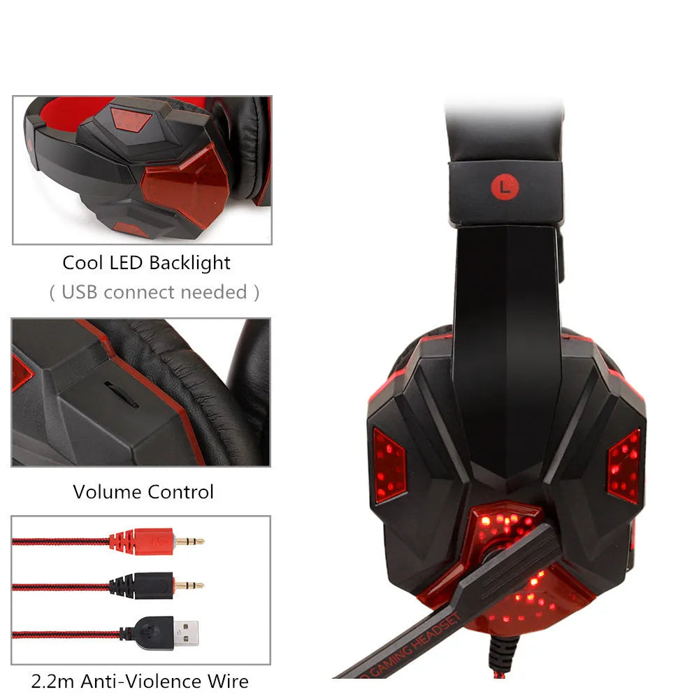 Wired PC gaming headset with light-up effects on tanned leather earmuffs and braided cable