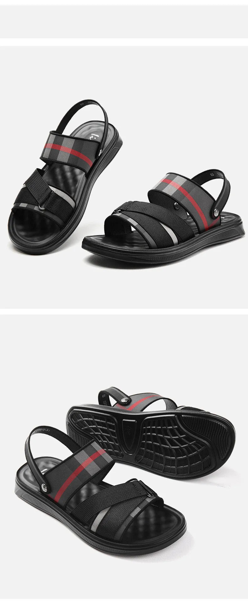Youth summer leisure sports sandals with Lycra upper and polyurethane sole showing international sizing chart