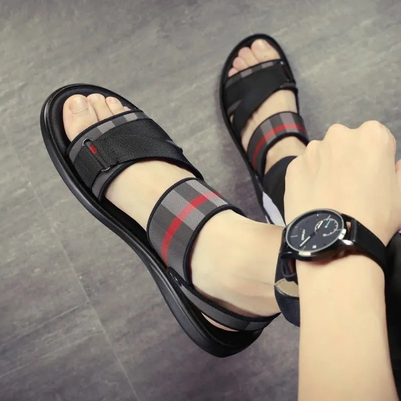 Youth summer leisure sports sandals with Lycra upper and polyurethane sole showing international sizing chart
