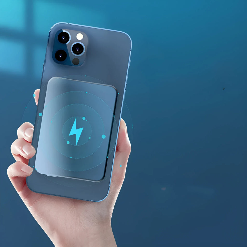 Silver Apple wireless power bank with 5000mAH capacity and magnetic charging