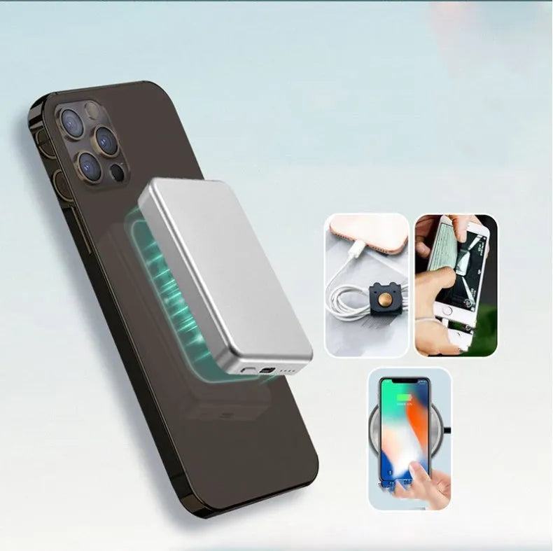 Silver Apple wireless power bank with 5000mAH capacity and magnetic charging