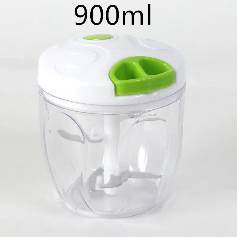 Green manual kitchen chopper with three stainless steel blades and a 500ml clear container.
