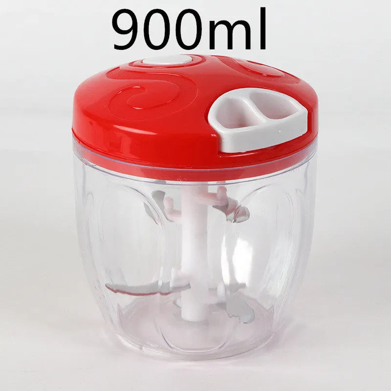 Green manual kitchen chopper with three stainless steel blades and a 500ml clear container.