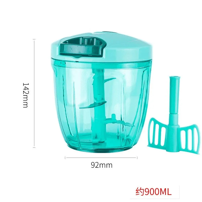 Green manual kitchen chopper with three stainless steel blades and a 500ml clear container.
