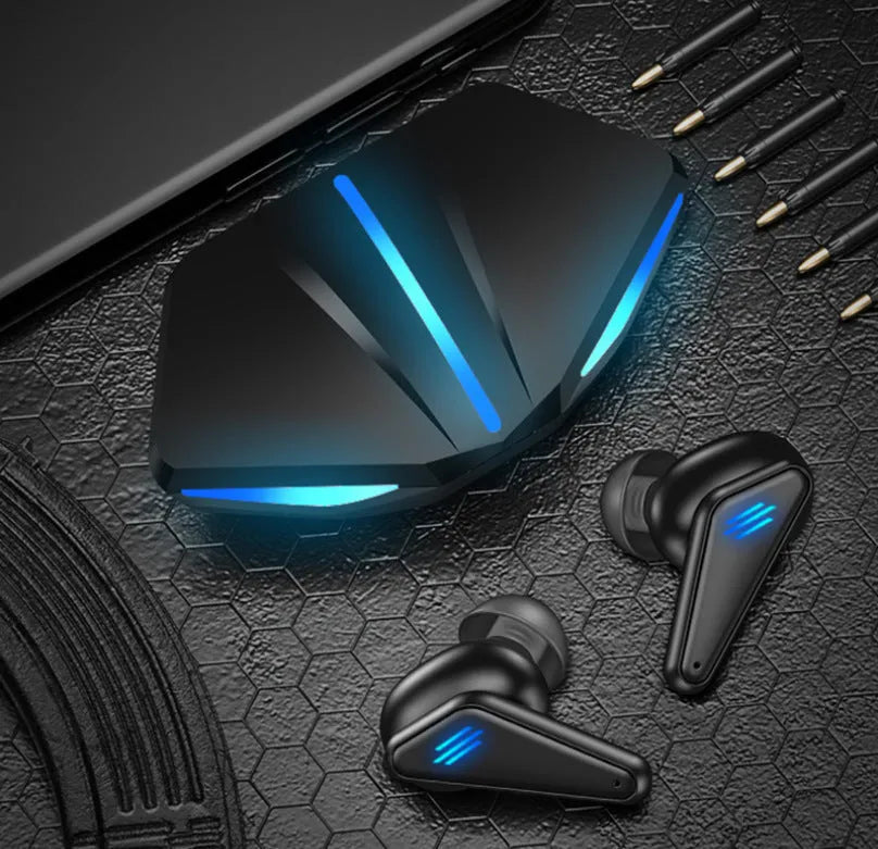 Blue K55 wireless Bluetooth gaming earbuds showing earplug design for mobile gaming.