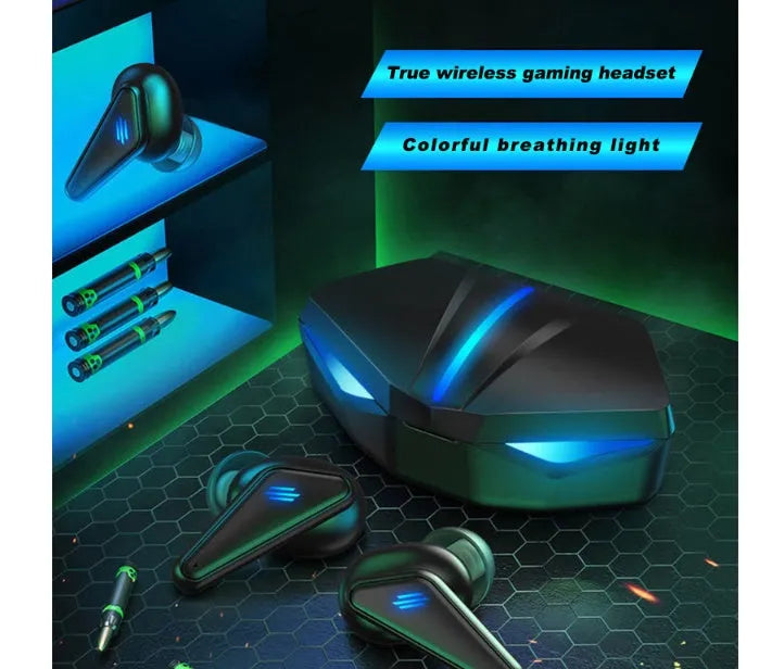 Blue K55 wireless Bluetooth gaming earbuds showing earplug design for mobile gaming.