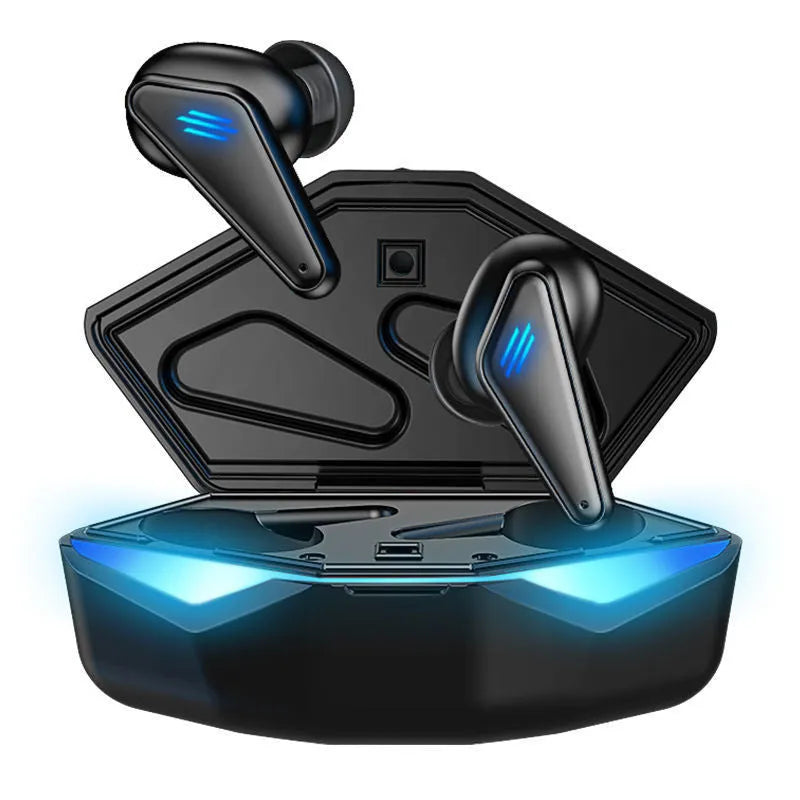 Blue K55 wireless Bluetooth gaming earbuds showing earplug design for mobile gaming.