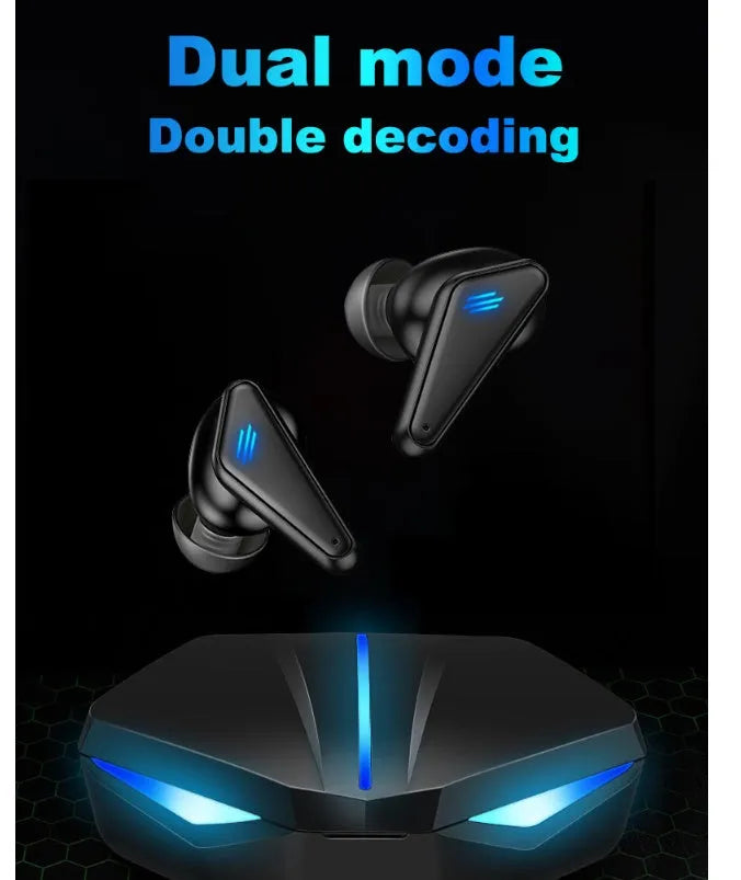 Blue K55 wireless Bluetooth gaming earbuds showing earplug design for mobile gaming.