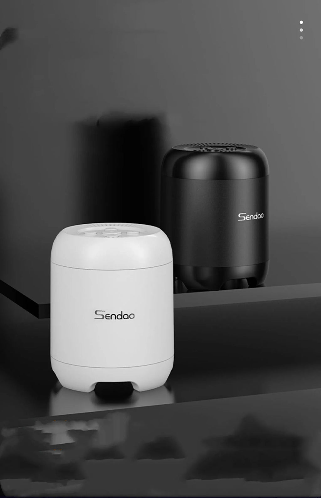Black and white portable Bluetooth speaker with microSD card slot, showing compact 90x73x73mm dimensions.