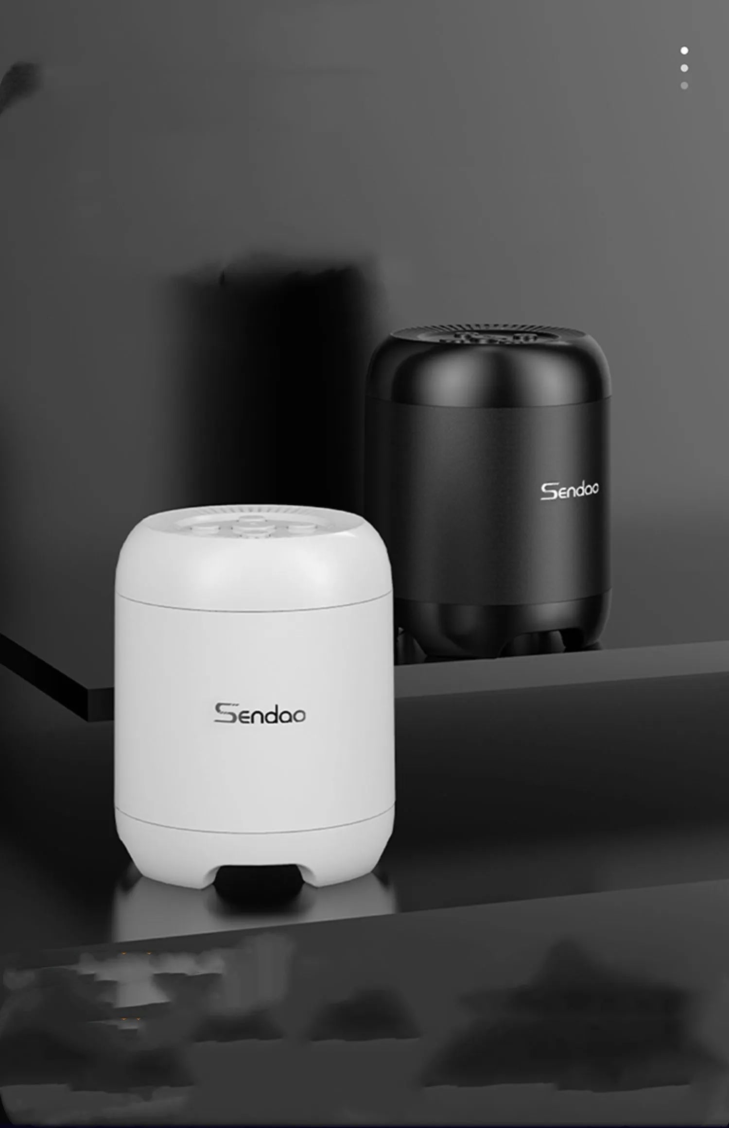 Black and white portable Bluetooth speaker with microSD card slot, showing compact 90x73x73mm dimensions.