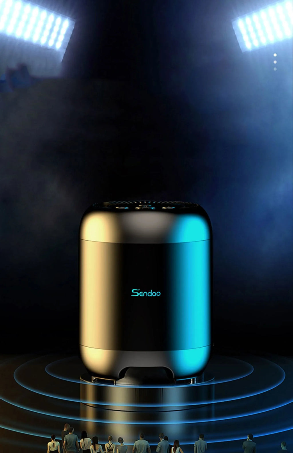 Black and white portable Bluetooth speaker with microSD card slot, showing compact 90x73x73mm dimensions.