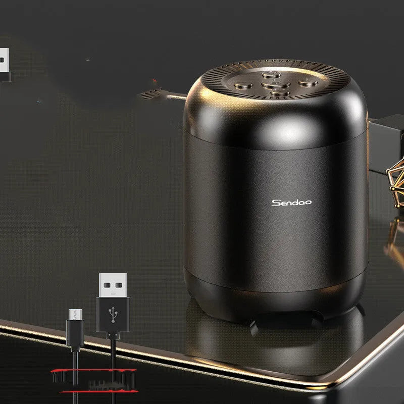 Black and white portable Bluetooth speaker with microSD card slot, showing compact 90x73x73mm dimensions.