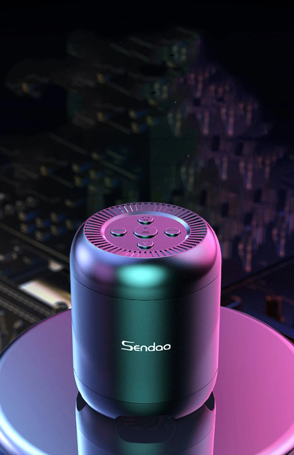 Black and white portable Bluetooth speaker with microSD card slot, showing compact 90x73x73mm dimensions.