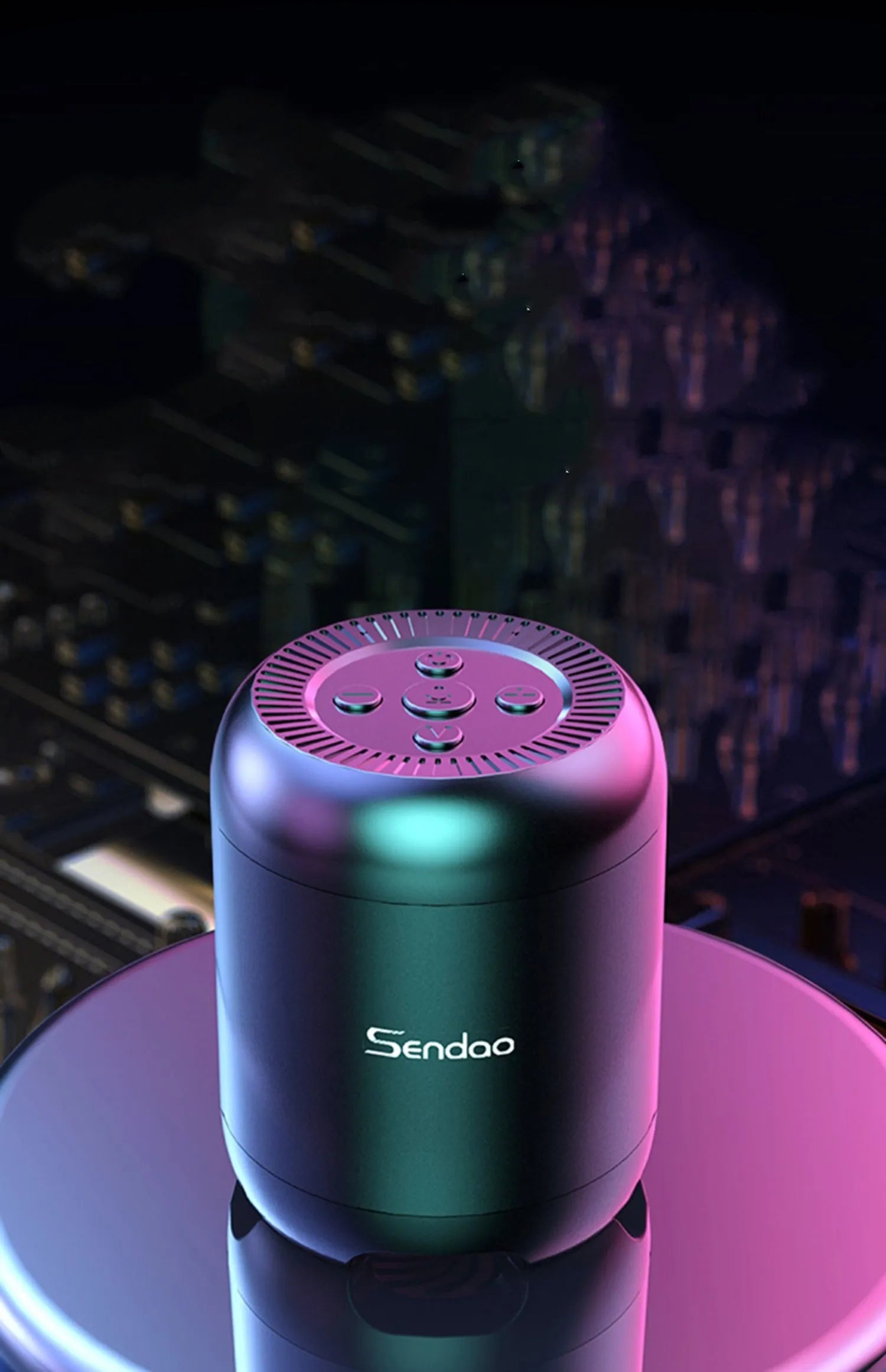 Black and white portable Bluetooth speaker with microSD card slot, showing compact 90x73x73mm dimensions.