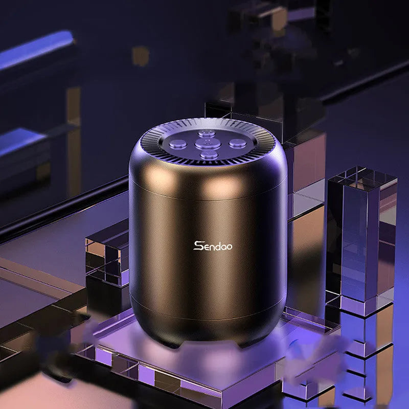 Black and white portable Bluetooth speaker with microSD card slot, showing compact 90x73x73mm dimensions.