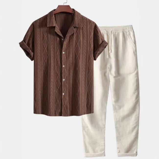 Men's slim fit camouflage print short sleeve shirt and plain trousers casual suit set