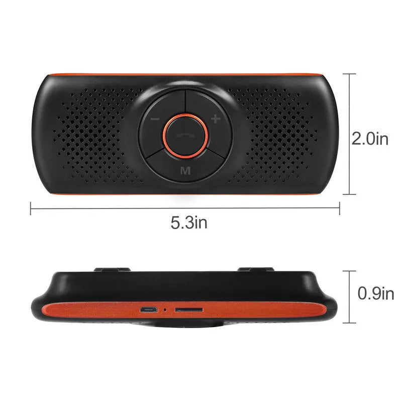 Orange plastic Bluetooth hands-free car kit mounted on a sun visor.