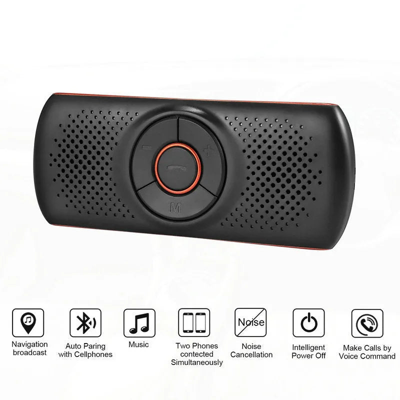 Orange plastic Bluetooth hands-free car kit mounted on a sun visor.