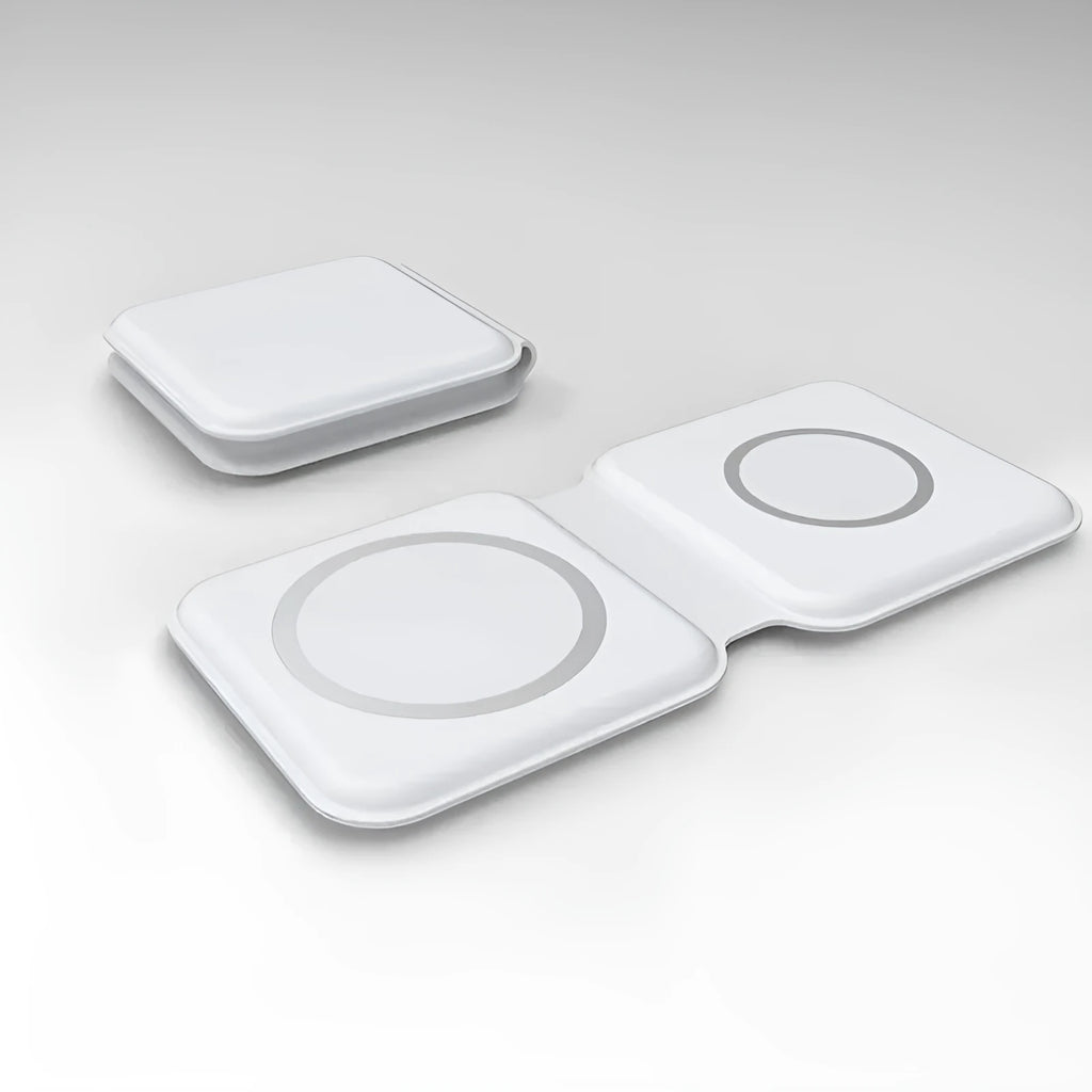 White folding magnetic wireless charging dock showing dual charging surfaces and adjustable stand