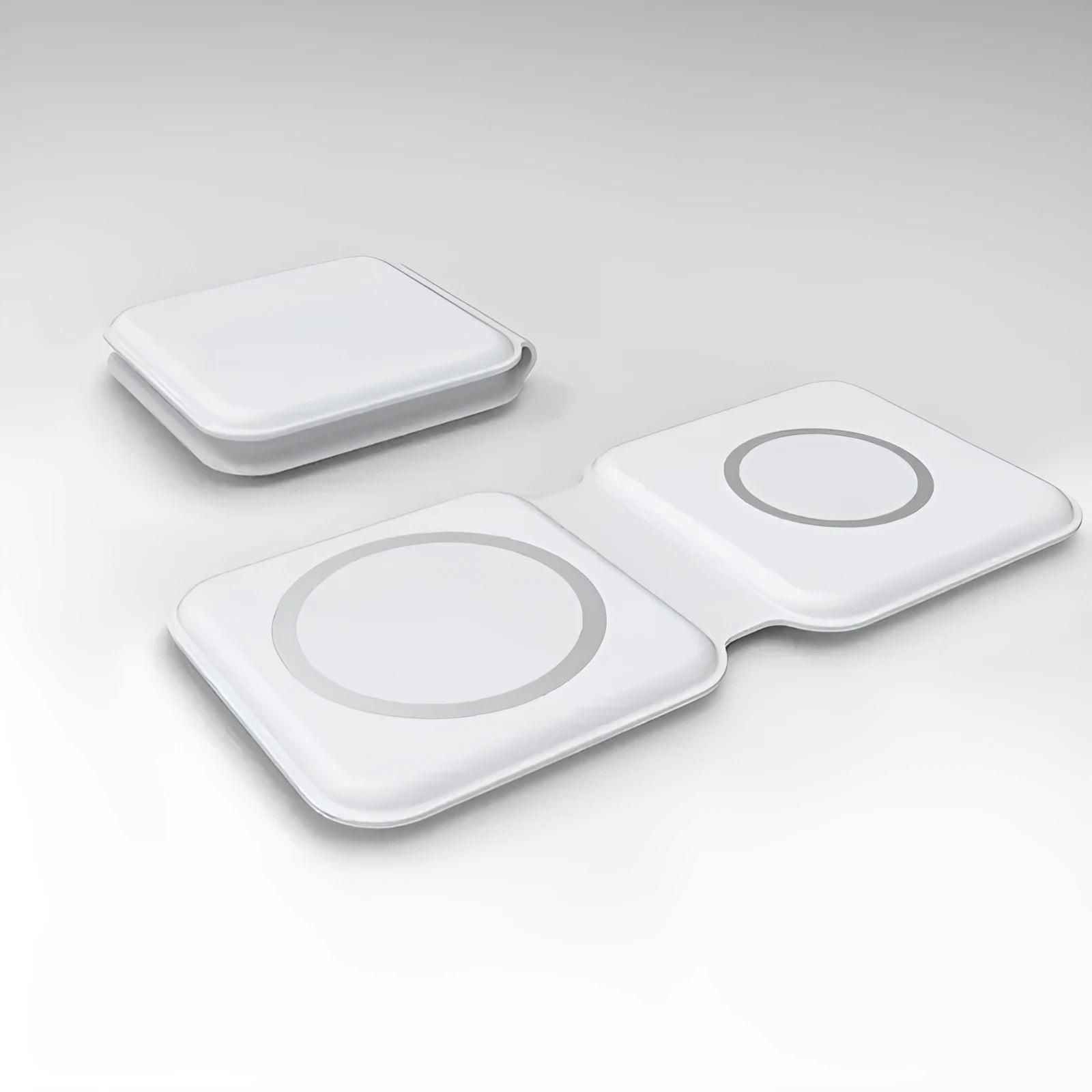 White folding magnetic wireless charging dock showing dual charging surfaces and adjustable stand
