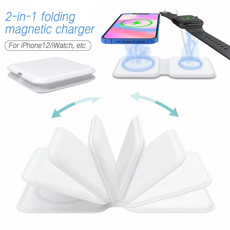White folding magnetic wireless charging dock showing dual charging surfaces and adjustable stand