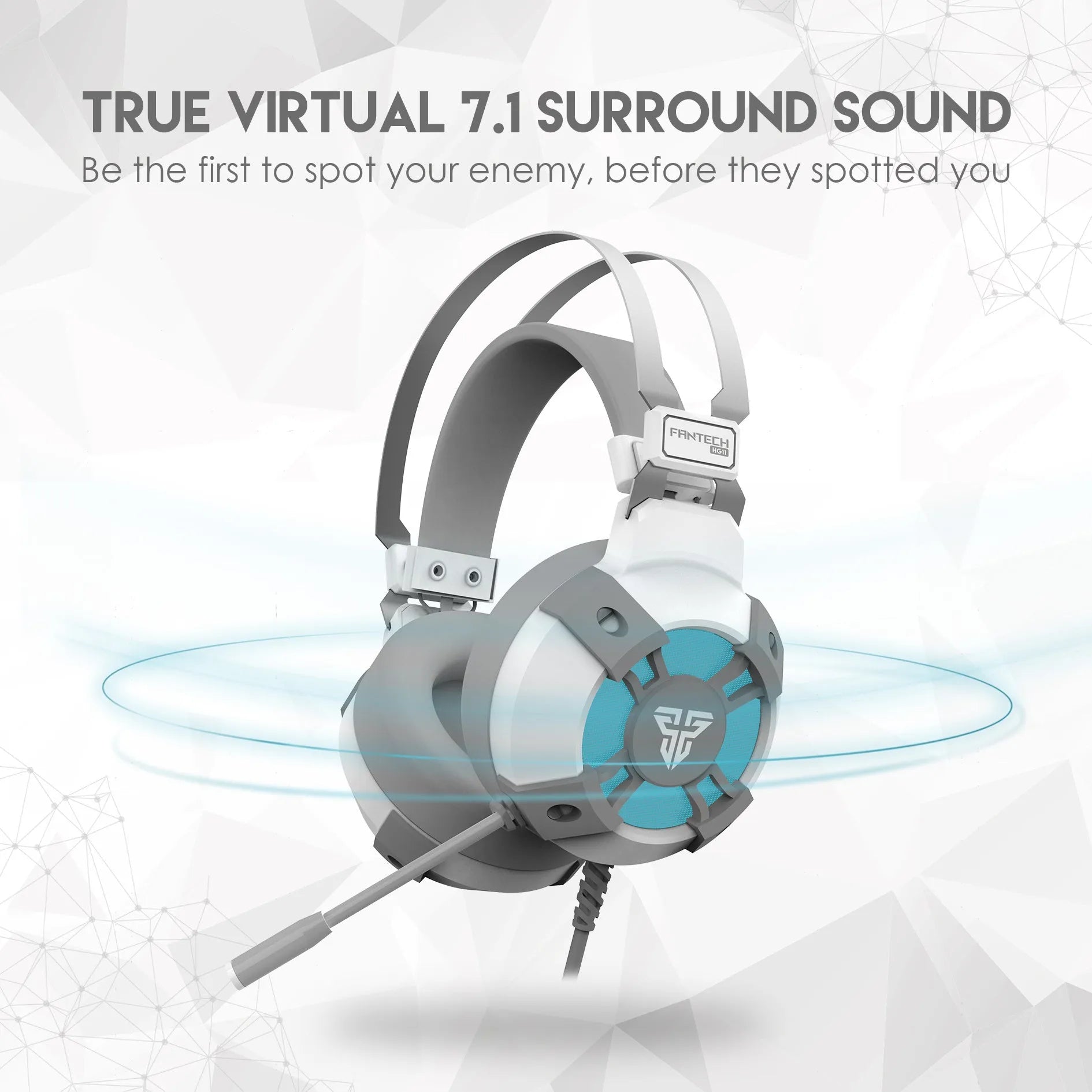 Black FANTECH HG11 gaming headset with RGB lights on ear cups and a USB cable.