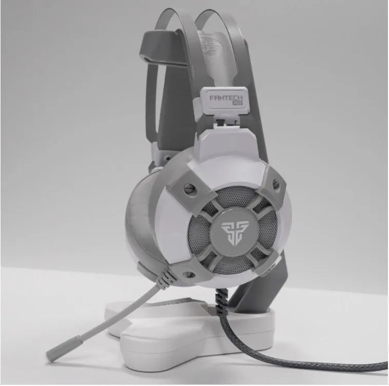 Black FANTECH HG11 gaming headset with RGB lights on ear cups and a USB cable.